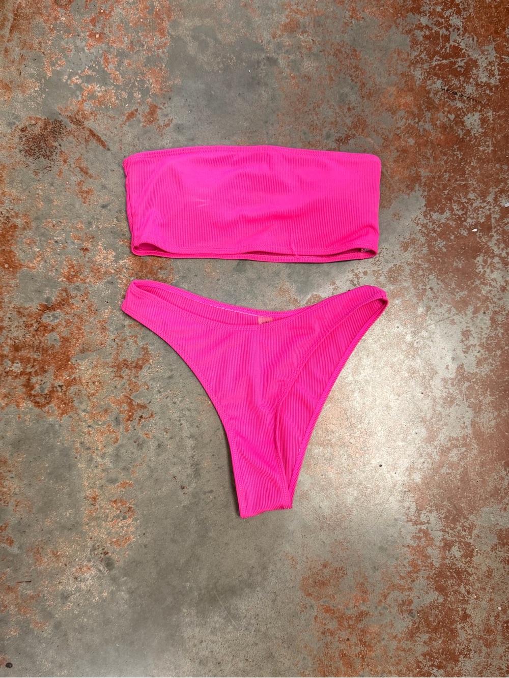 Hot Pink Ribbed Bandeau Bikini Set